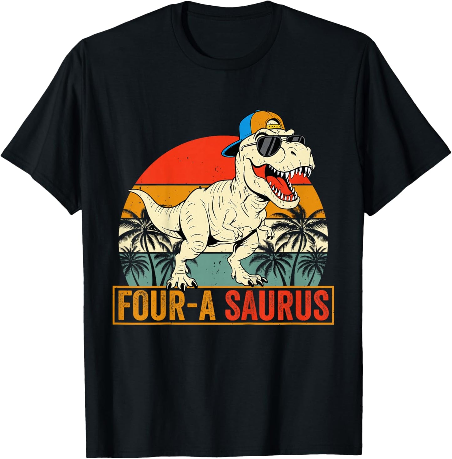 Kids Four-A-Saurus Funny Dino Dinosaur Lover 4th Birthday T-Shirt - T-Shirt | Black
