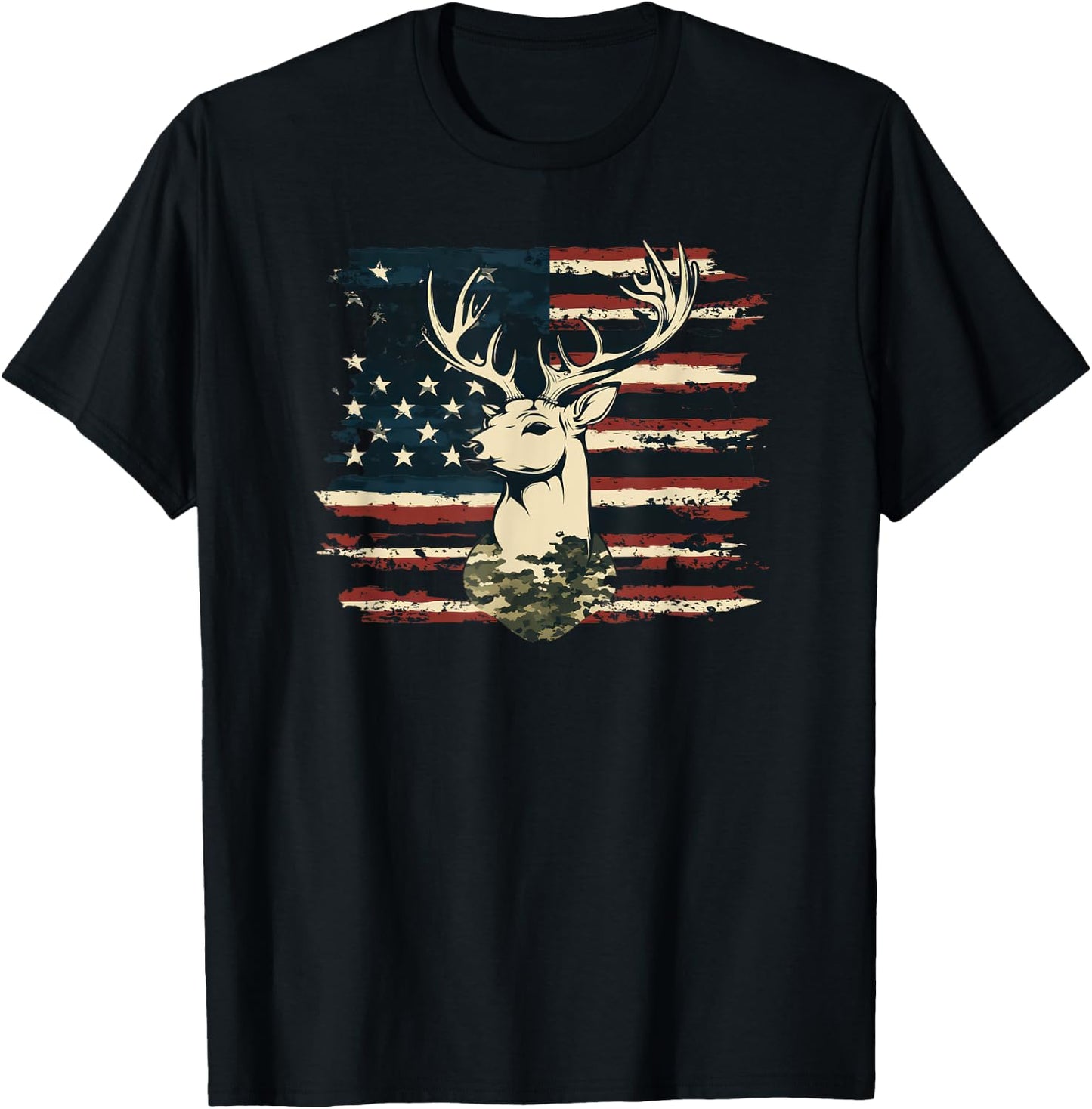Deer Camo USA Flag Deer Elk Buck Hunting Graphic T-Shirt - T-Shirt | Black