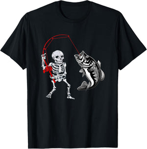 Skeleton Fishing Bass Fisherman Halloween T-Shirt - T-Shirt | Black