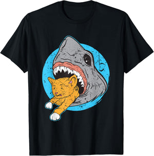 Shark Eating Kitty Cat Design T-Shirt - T-Shirt | Black