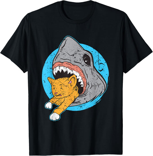 Shark Eating Kitty Cat Design T-Shirt - T-Shirt | Black