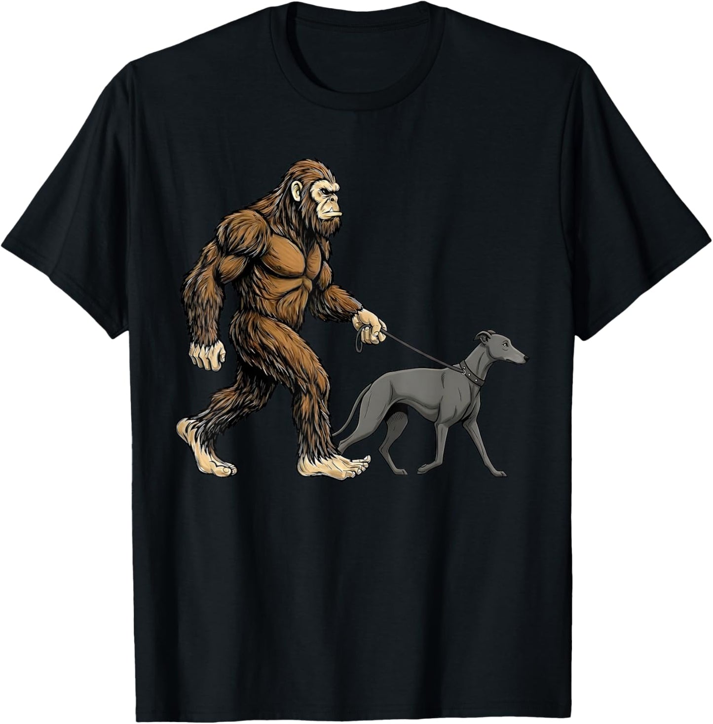 Bigfoot Walking Greyhound Dog Funny Sasquatch T-Shirt - T-Shirt | Black