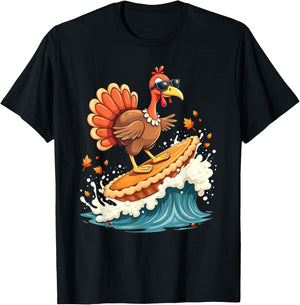 Cool Hawaiian Surfer Turkey Surfing Pumpkin Pie Thanksgiving T-Shirt - T-Shirt | Black