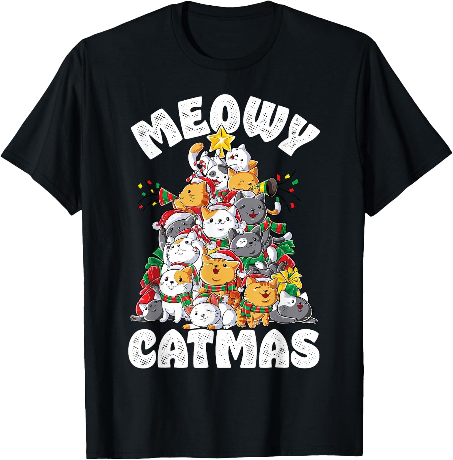 Meowy Catmas Cat Christmas Tree Xmas Girls Boys Funny Santa Short Sleeve T-Shirt - T-Shirt | Black