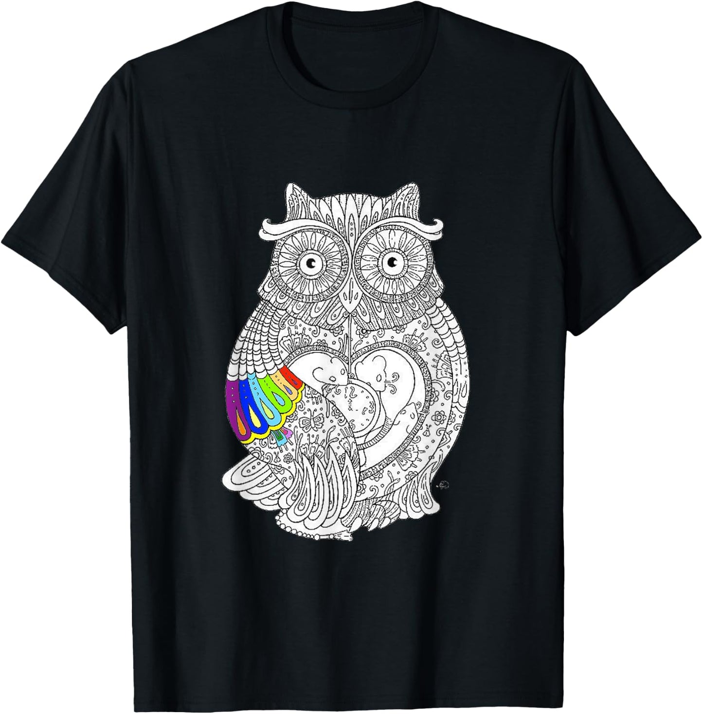 Owl coloring t shirt - adult coloring books t shirt T-Shirt - T-Shirt | Black