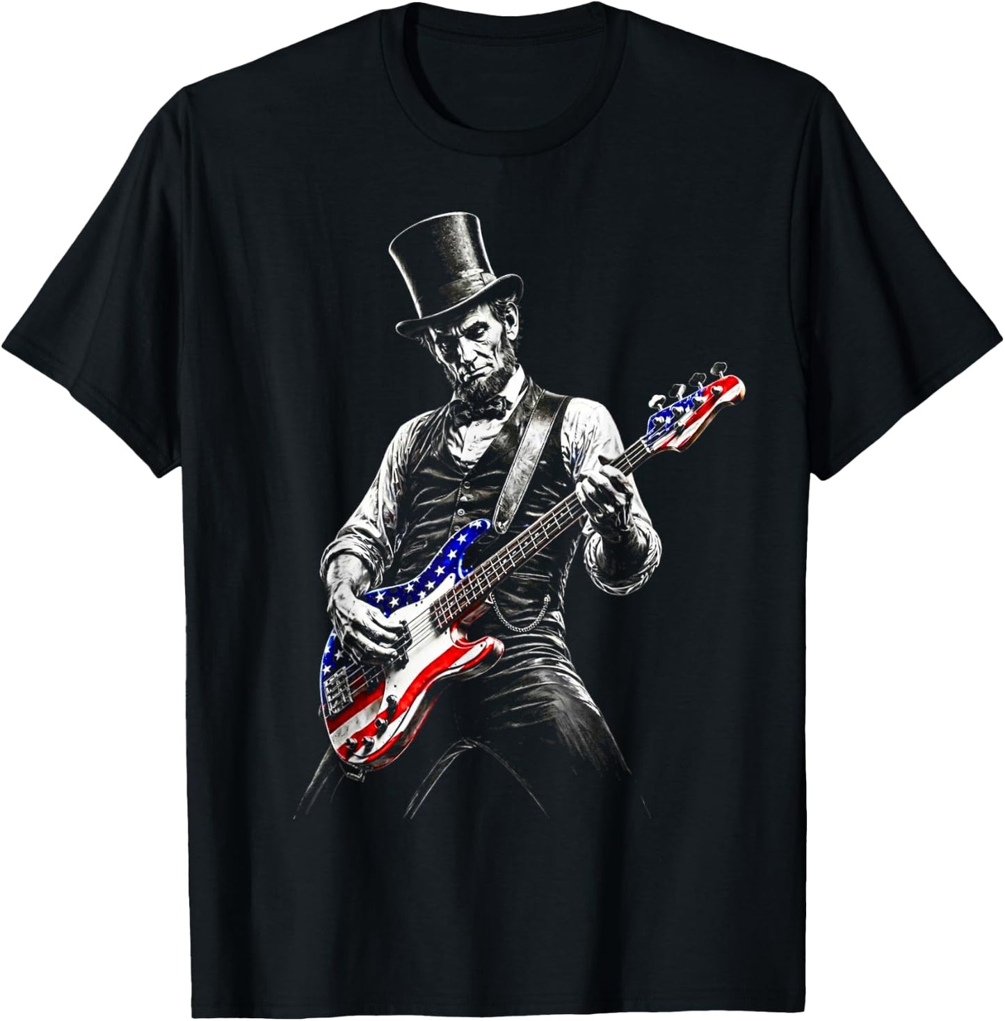 abe Lincoln Playing Guitar USA Flag 4th July Lincoln Guitar T-Shirt - T-Shirt | Black