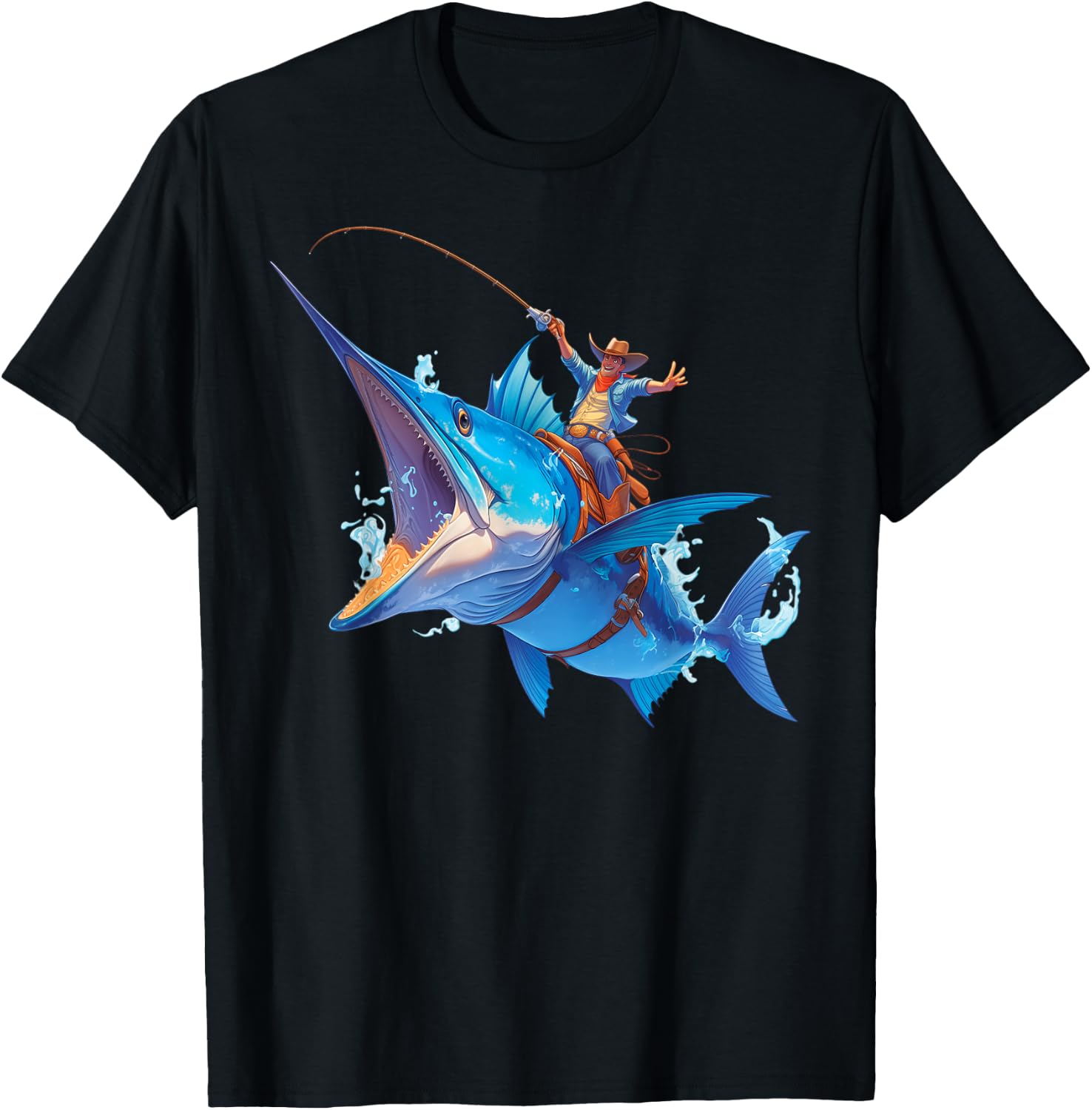 Cool Epic Cowboy Riding a Giant Fish Adventure T-Shirt - T-Shirt | Black