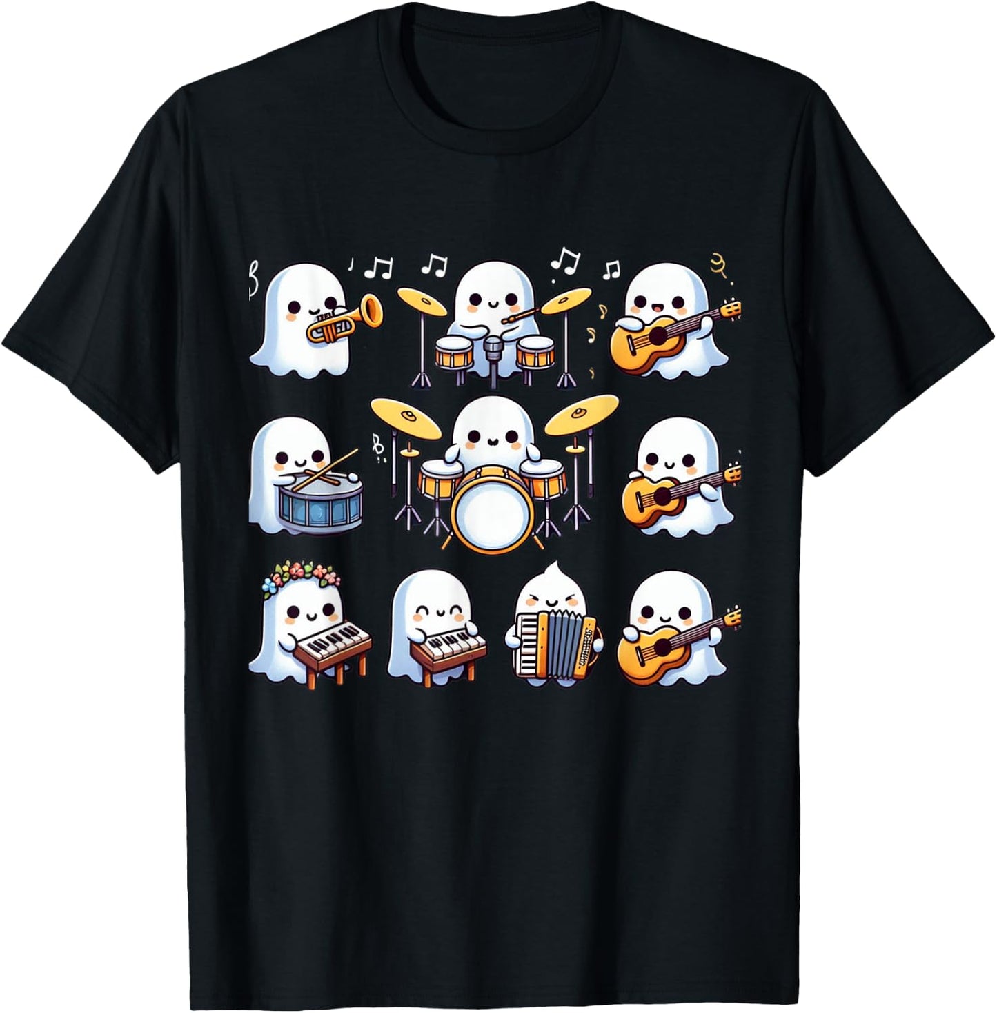 Halloween Music Teacher Ghost Playing Musical Instruments T-Shirt - T-Shirt | Black