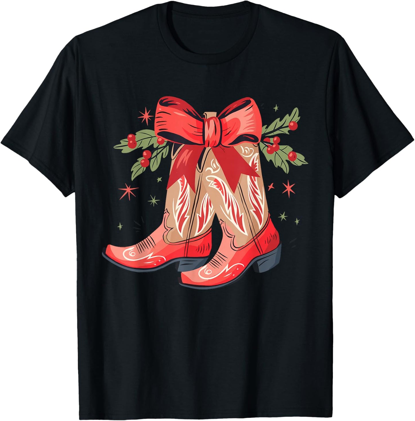 Merry And Bright Cowgirl Boot Christmas Western Cowboy T-Shirt - T-Shirt | Black