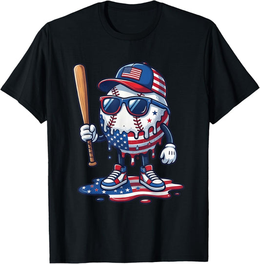 Baseball Drip Ice Cream Boys 4th of July American USA Flag T-Shirt - T-Shirt | Black