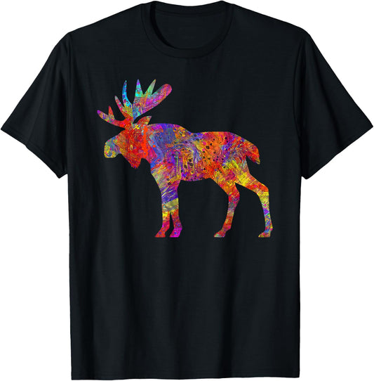 Colorful Canadian Moose Abstract Paint Wildlife T-Shirt - T-Shirt | Black