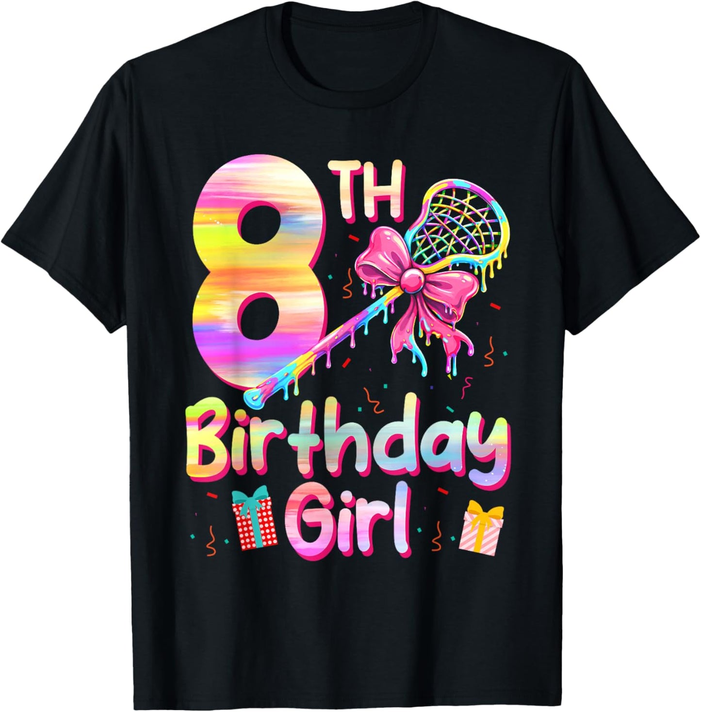 8th Lax Birthday Lacrosse Ice Cream Drip 8 Years Girl T-Shirt - T-Shirt | Black