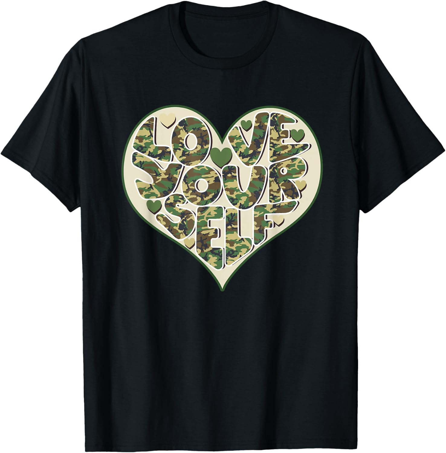 Love Yourself Camo Heart Valentine's Day Mental Health T-Shirt - T-Shirt | Black