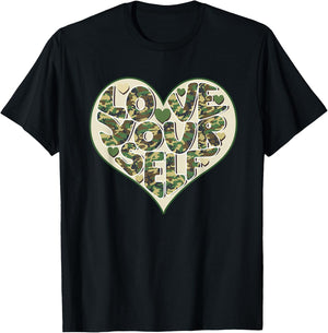 Love Yourself Camo Heart Valentine's Day Mental Health T-Shirt - T-Shirt | Black