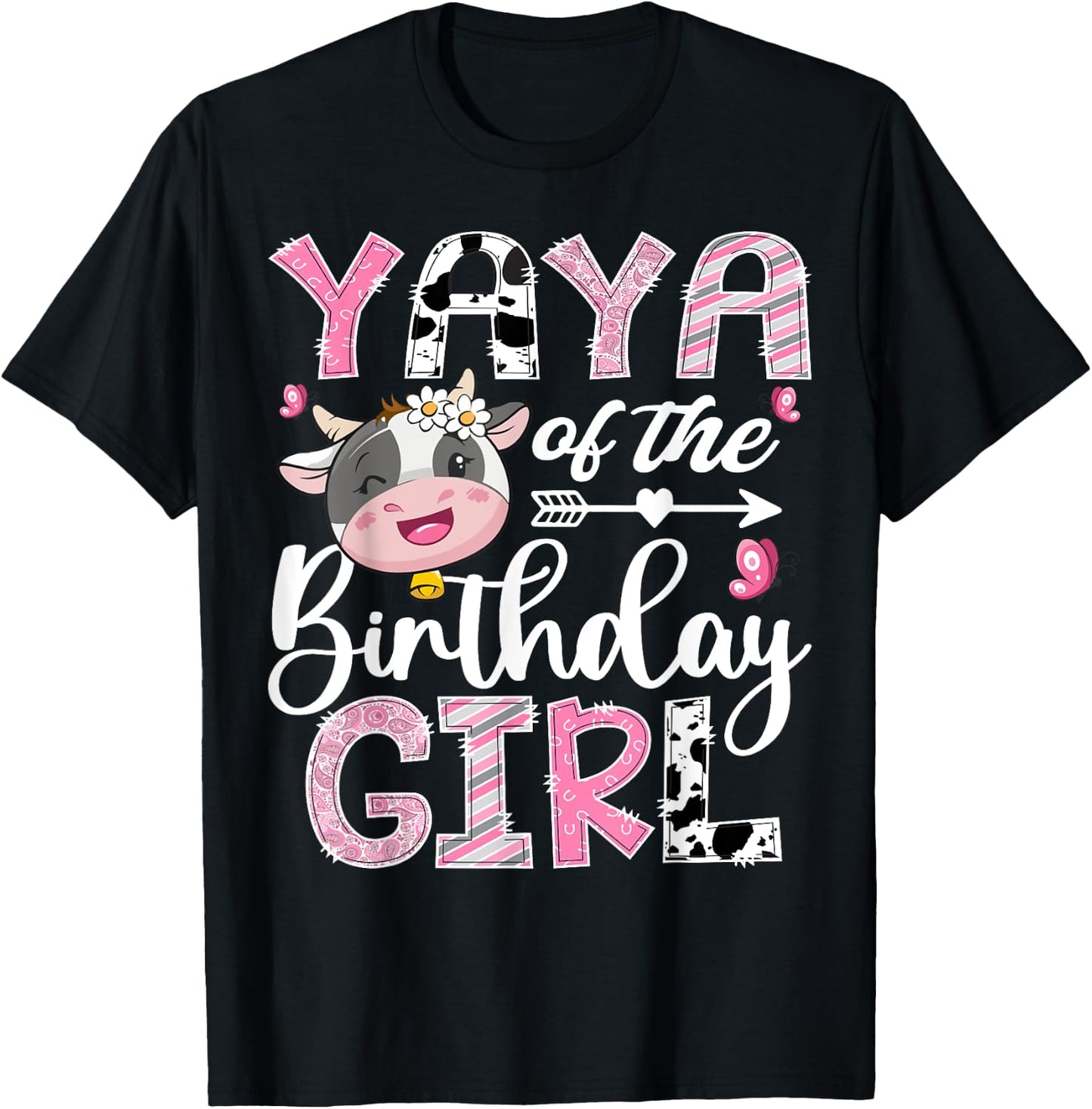 Yaya Of The Birthday Girl Pink Farm Cow 1St Birthday T-Shirt - T-Shirt | Black