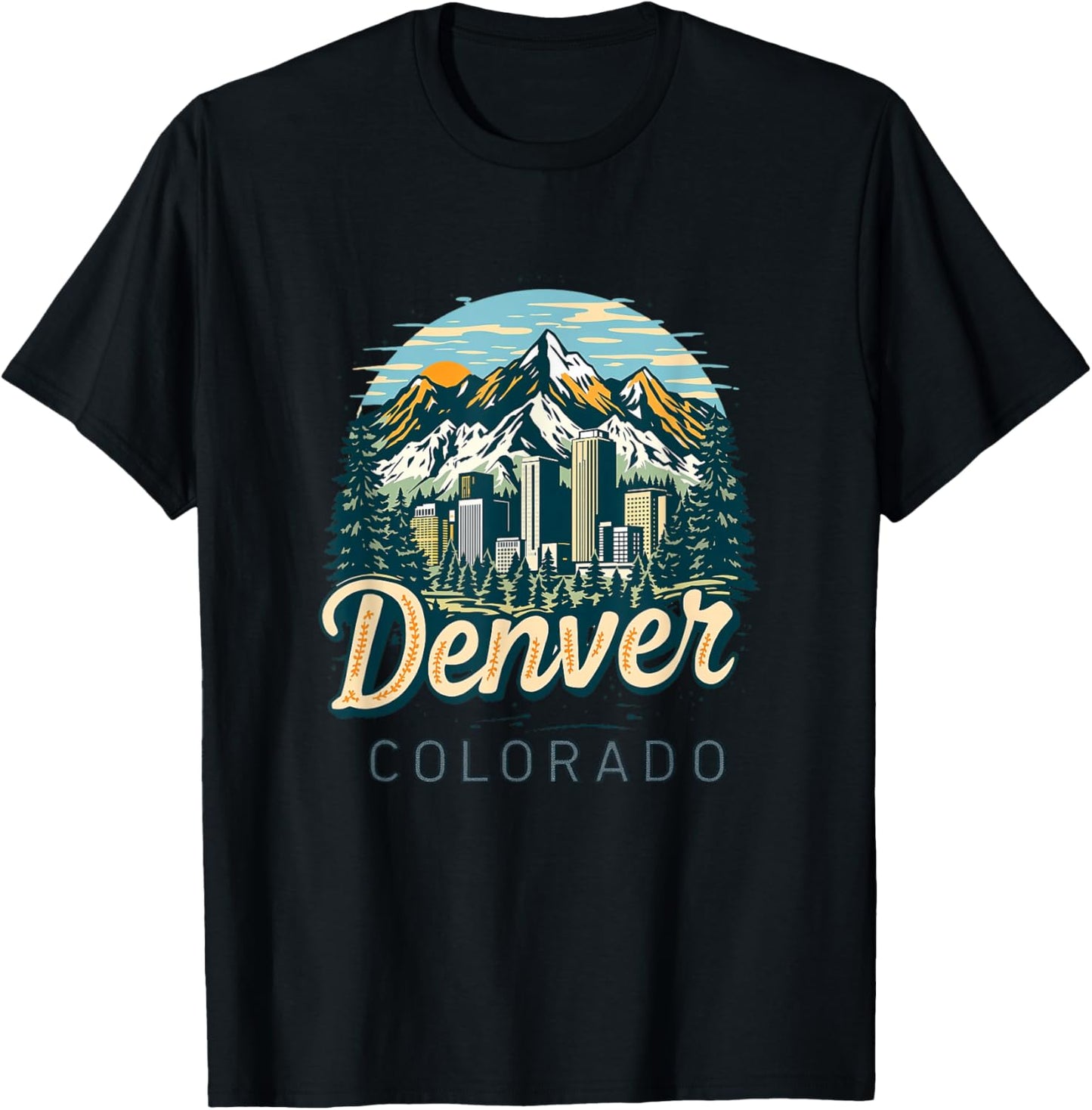 Vintage Denver Colorado Sunset Skyline Cityscape Retro T-Shirt - T-Shirt | Black