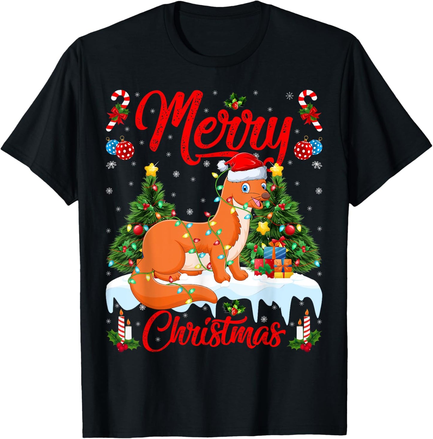 Weasel Merry Christmas Tree Lighting Weasel Xmas T-Shirt - T-Shirt | Black
