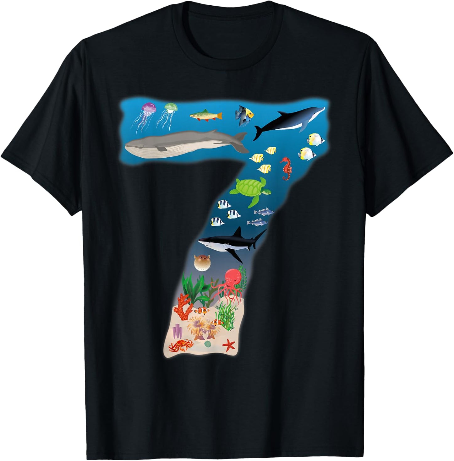 Under Sea REALISTIC Fish Starfish Seventh number 7 T-Shirt - T-Shirt | Black