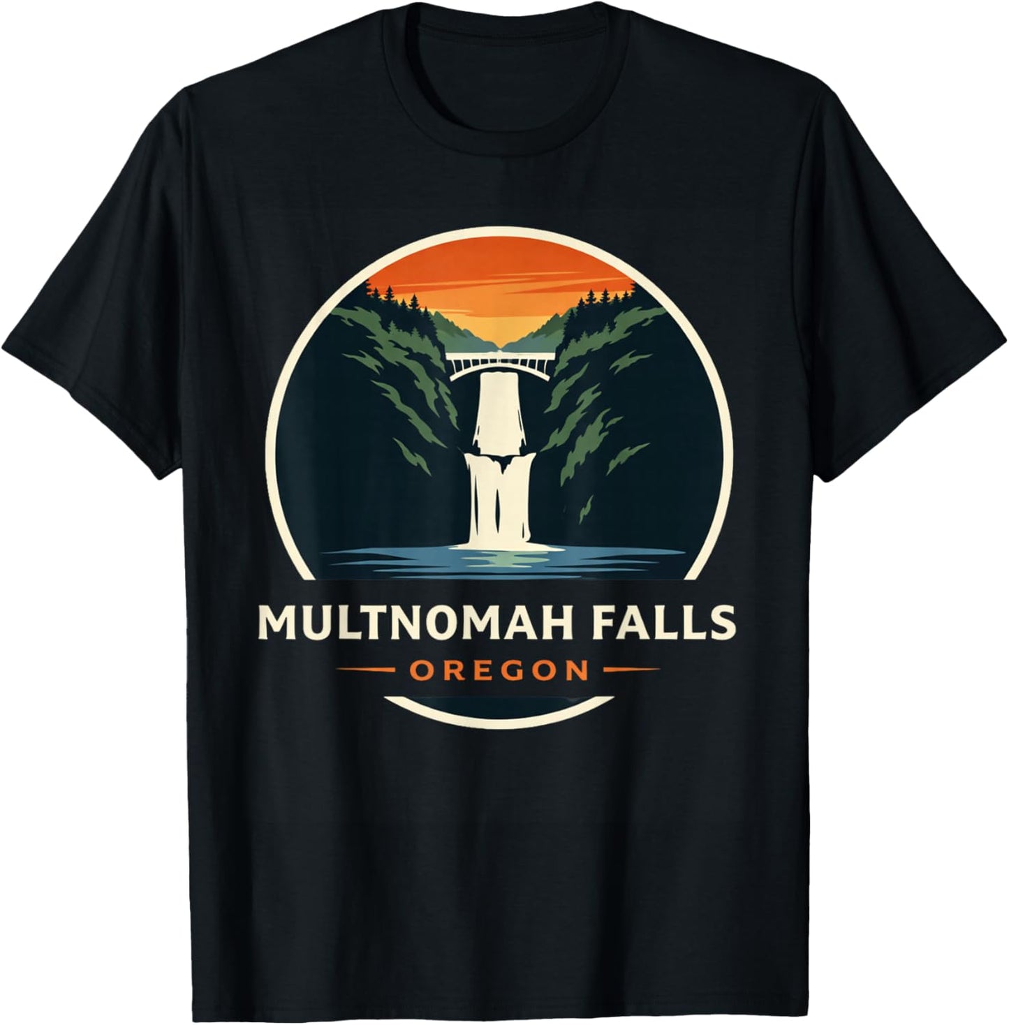 Multnomah Falls, Oregon, Sunset Illustration T-Shirt - T-Shirt | Black