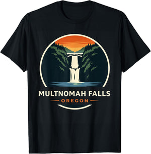 Multnomah Falls, Oregon, Sunset Illustration T-Shirt - T-Shirt | Black