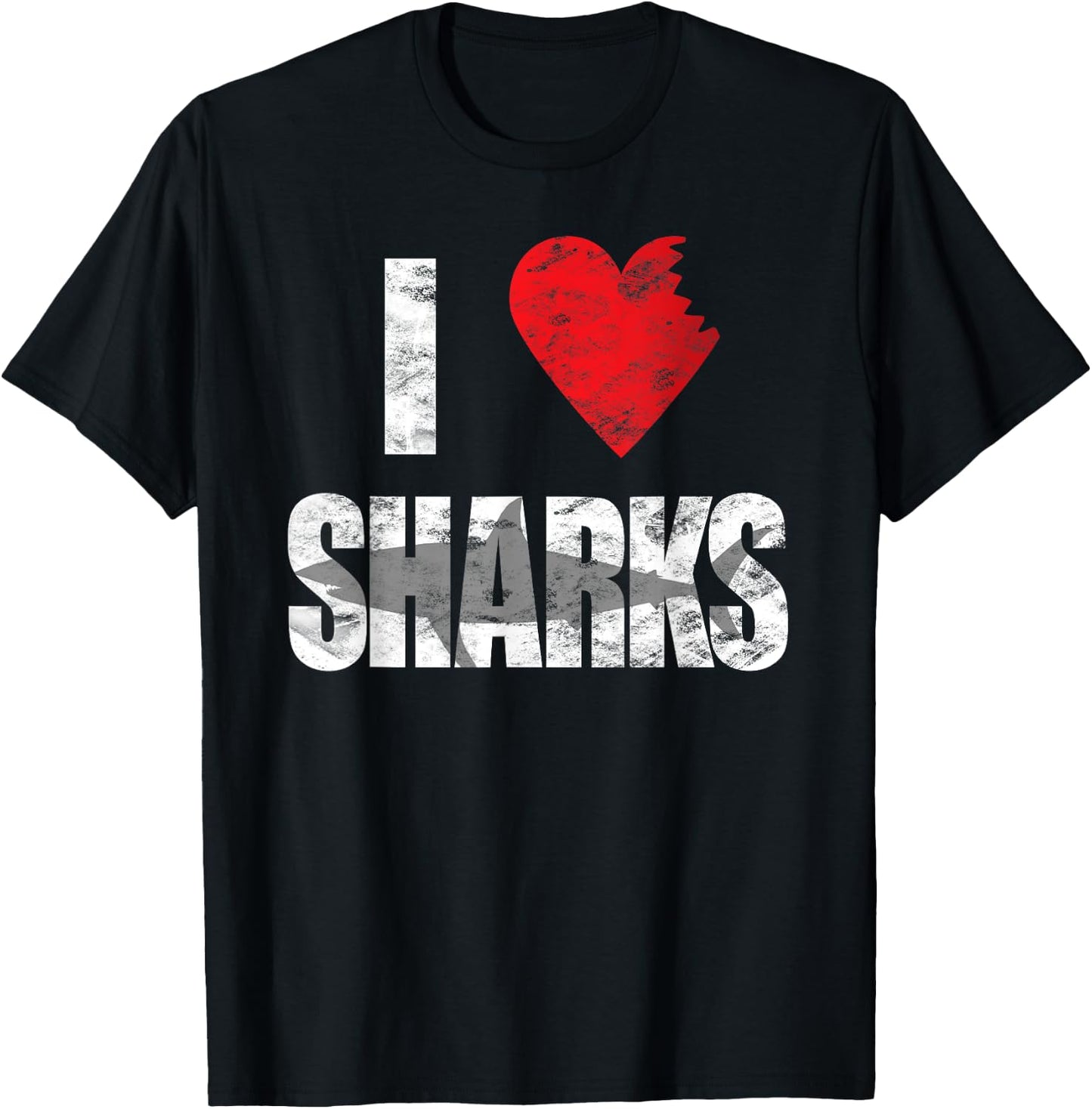 I Love Sharks Cool Shark Bite Heart Distressed T-Shirt - T-Shirt | Black