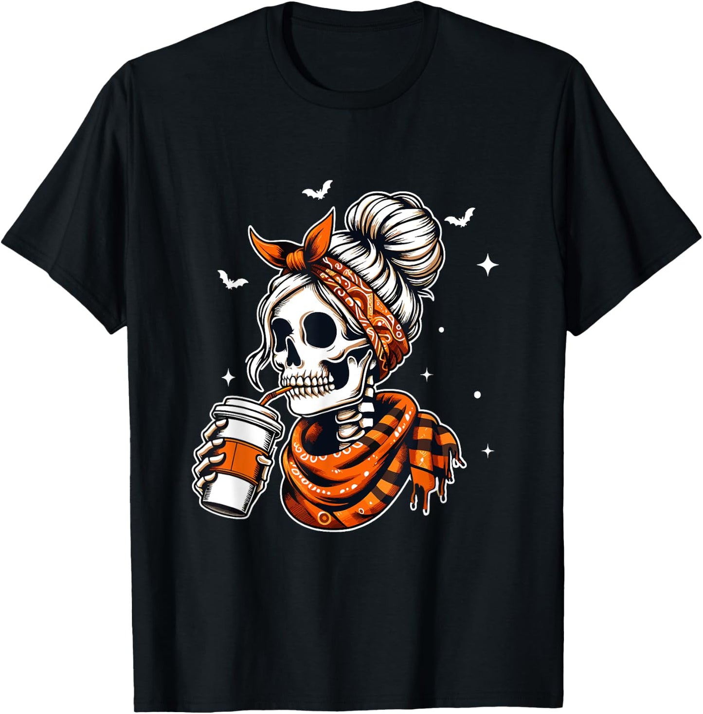 Halloween Skeleton Messy Bun Coffee Funny Halloween Mom T-Shirt - T-Shirt | Black