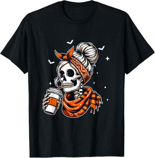Halloween Skeleton Messy Bun Coffee Funny Halloween Mom T-Shirt - T-Shirt | Black