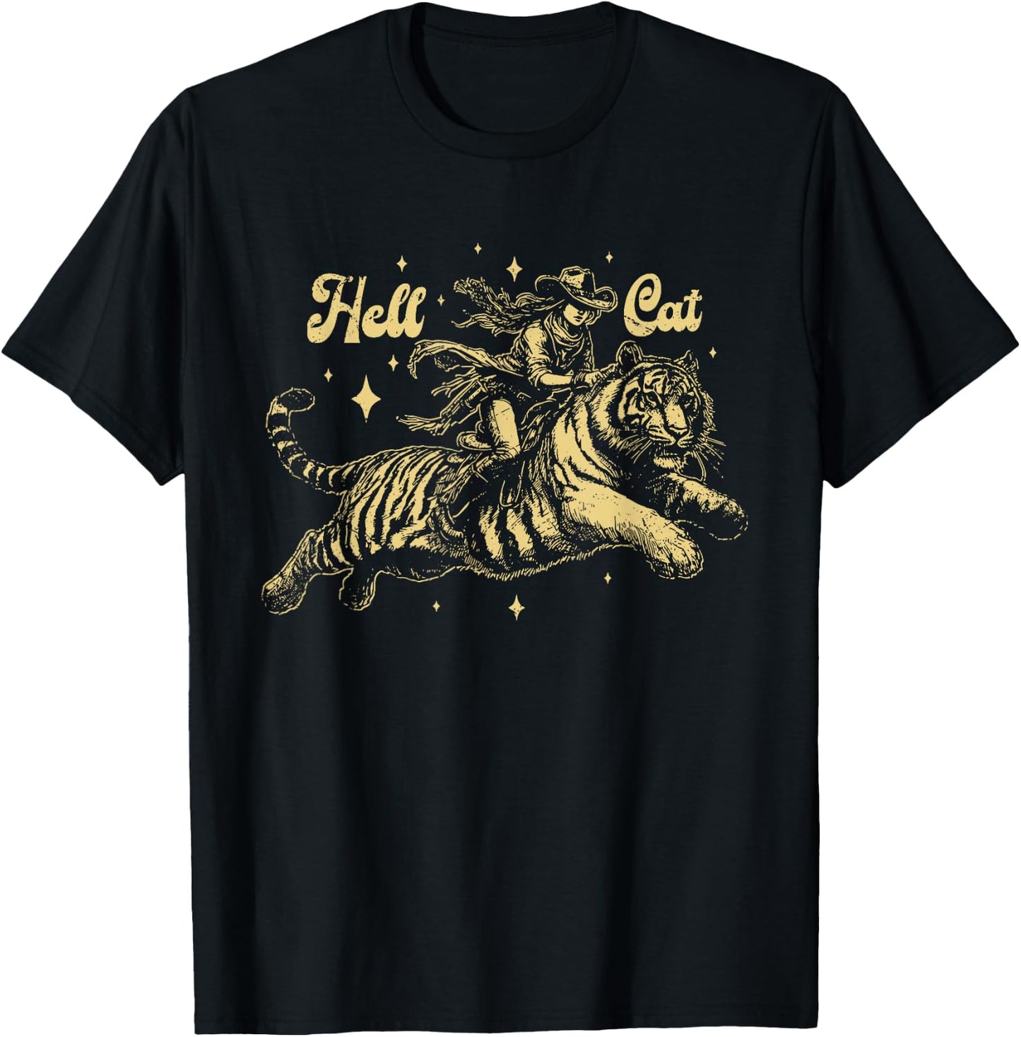 Vintage Cowgirl Hell Cat Retro Cowgirl Western -Adults Black Small Animal-Print T-Shirt - T-Shirt | Black
