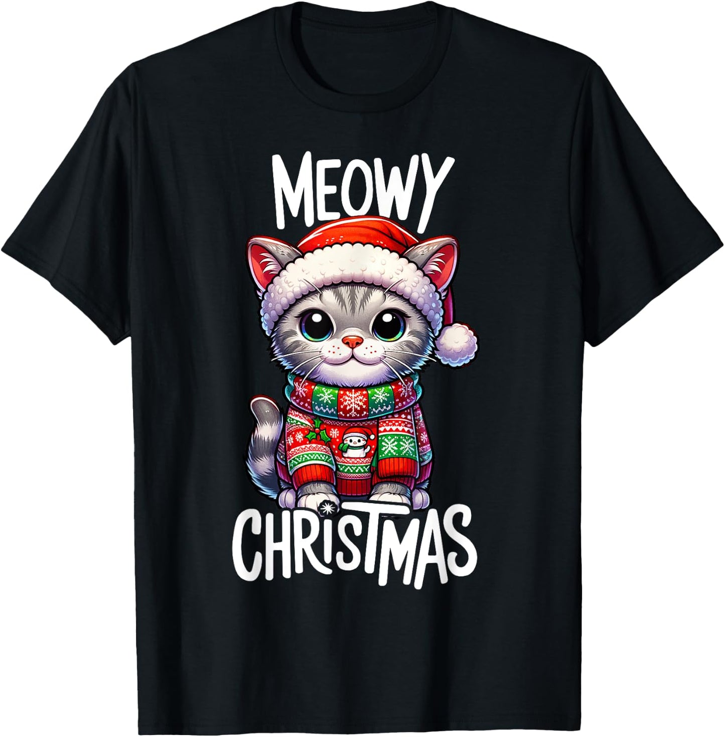 Meowy Christmas Cat Lover Funny Festive Holidays Cute Kitten Women Kids T-Shirt - T-Shirt | Black