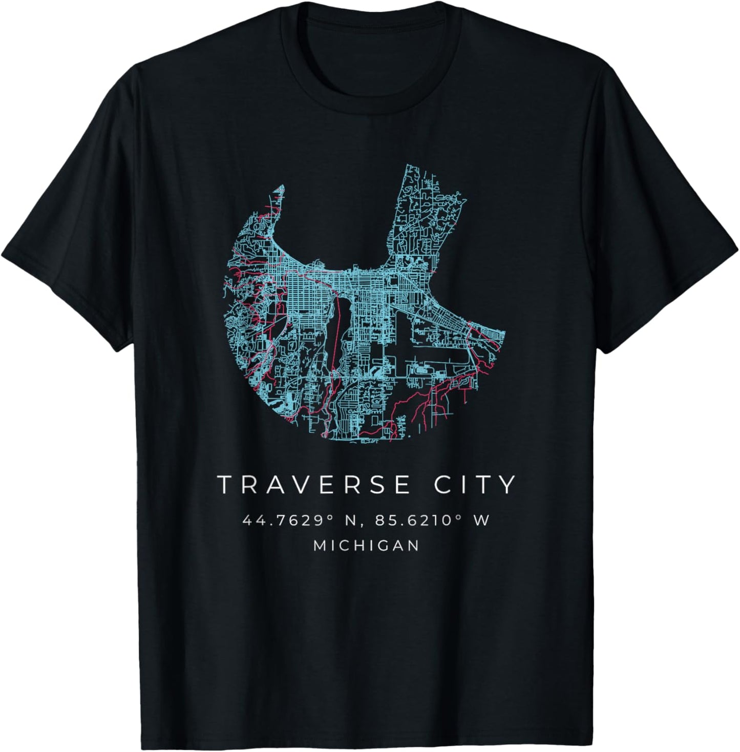 Traverse City Michigan Map Art Graphic with Coordinates T-Shirt - T-Shirt | Black