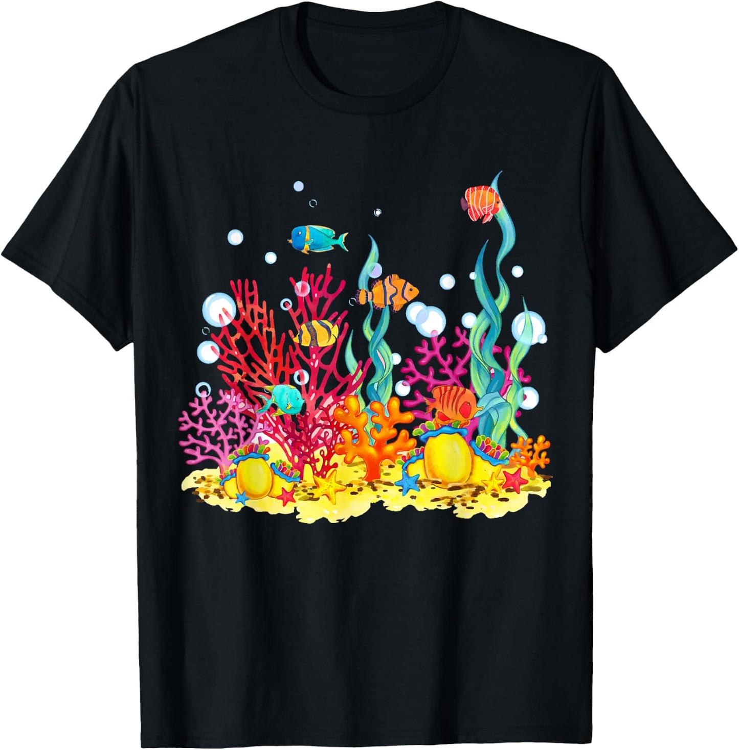 Watercolour coral reef with fish, beautiful underwater world T-Shirt - T-Shirt | Black