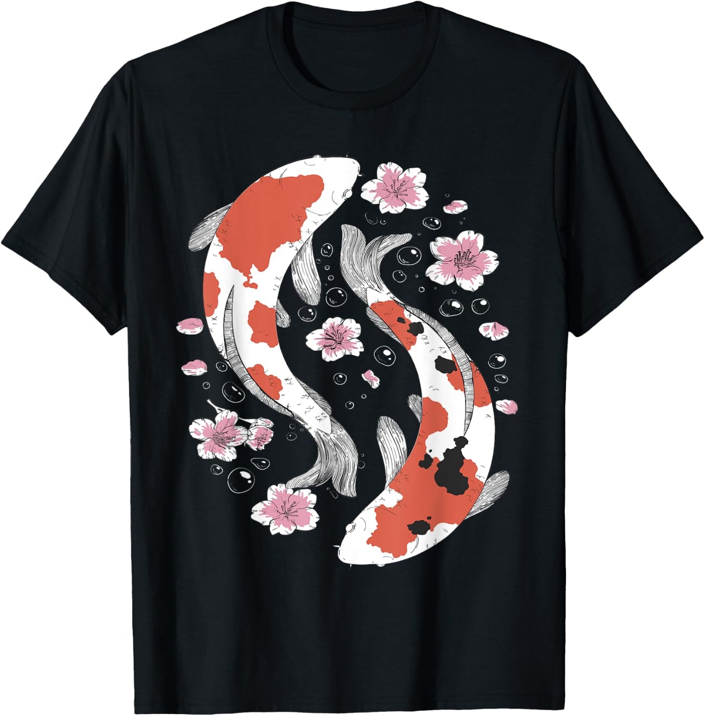 Japanese Koi Fish Sakura Cherry Blossom Floral Art T-Shirt - T-Shirt | Black