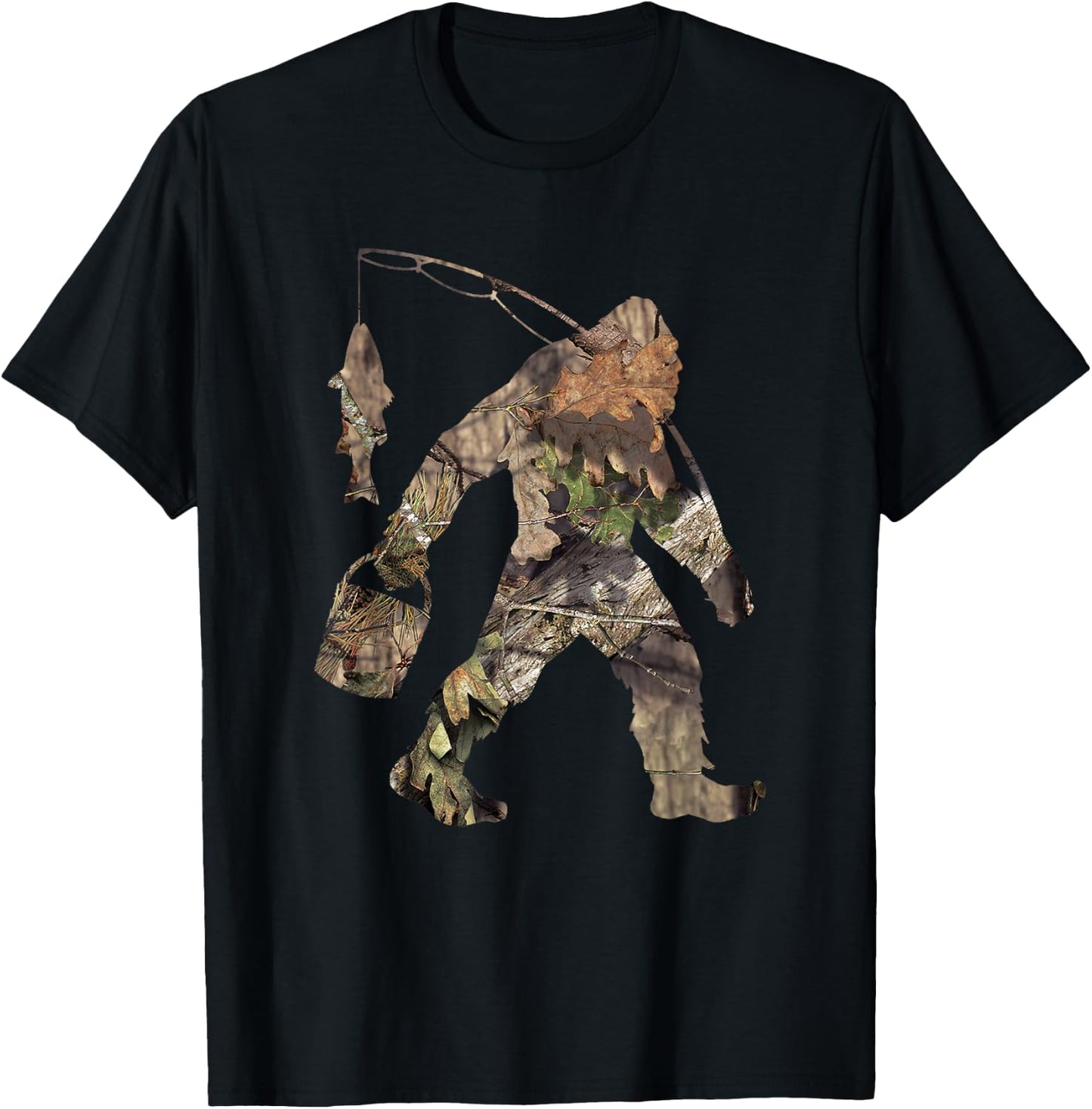 Fishing Bigfoot Carrying Fishing Pole Camo Sasquatch T-Shirt - T-Shirt | Black
