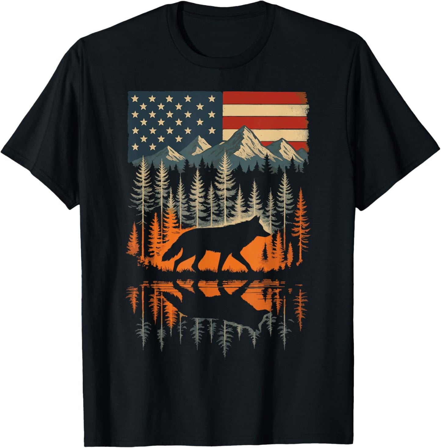 Wolf USA Flag Mountain Outdoor Wildlife Retro T-Shirt - T-Shirt | Black