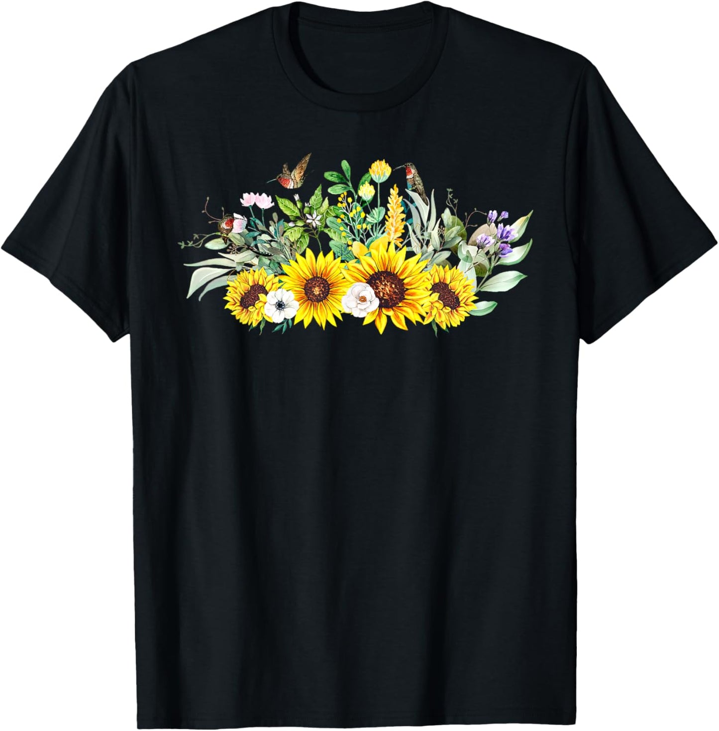 Sunflower Hummingbird Garden Birdwatching Nature Lover T-Shirt - T-Shirt | Black