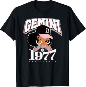 Gemini 1977 Afro Queen Zodiac Birthday Gifts T-Shirt - T-Shirt | Black