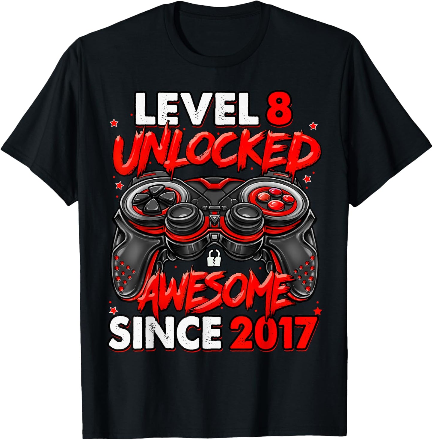 Level 8 Unlocked Awesome Since 2017 8th Birthday Gaming T-Shirt - T-Shirt | Black
