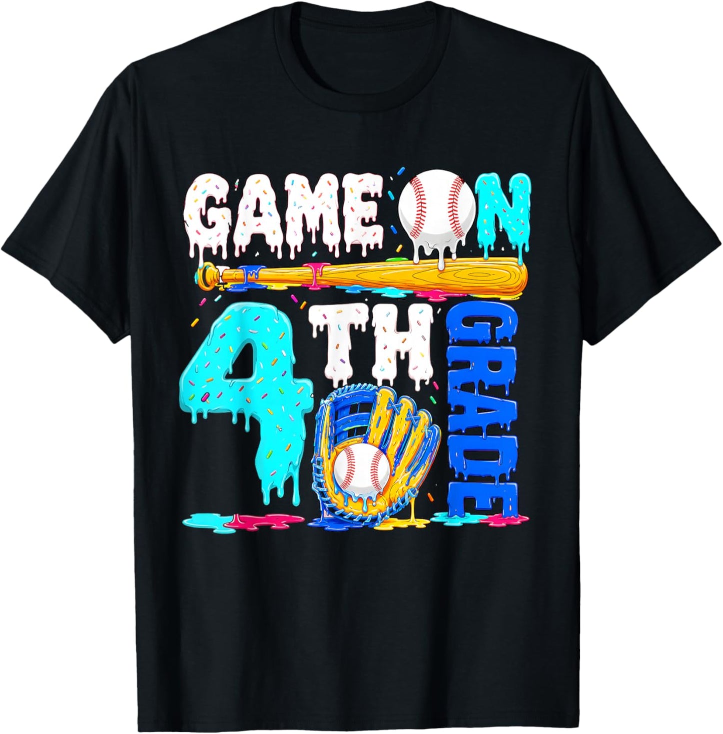 Game On 4th Grade Baseball Drip Ice Cream Back to School T-Shirt - T-Shirt | Black