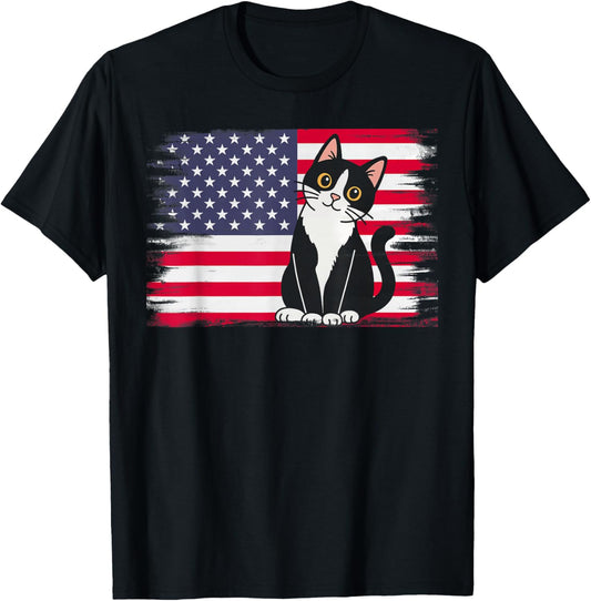 4th of July Patriotic Cat Lover American USA Flag T-Shirt - T-Shirt | Black