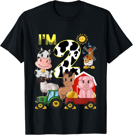 Kids Farm Animals Tractor 2nd Birthday 2 Year Old Birthday Party T-Shirt - T-Shirt | Black