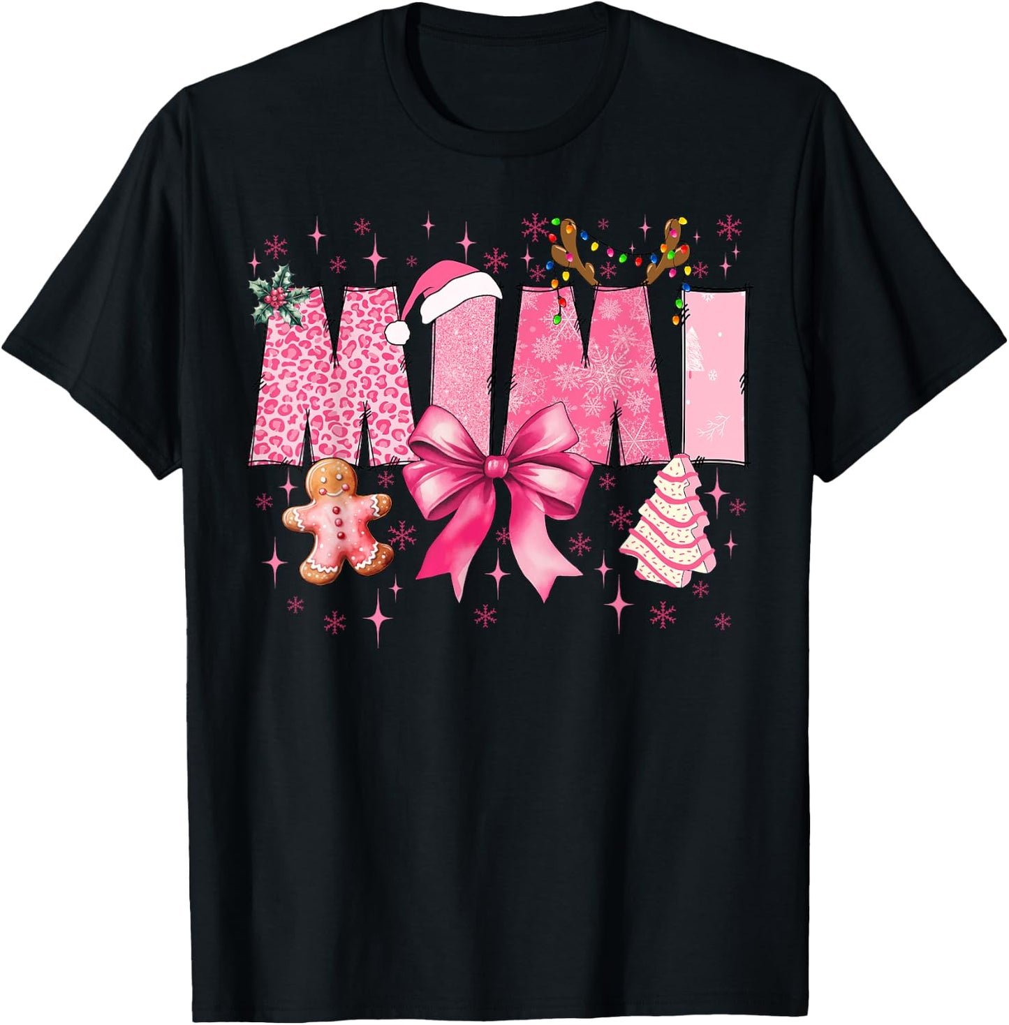Mimi Cute Pink Coquette Bow Christmas Matching Family Xmas T-Shirt - T-Shirt | Black