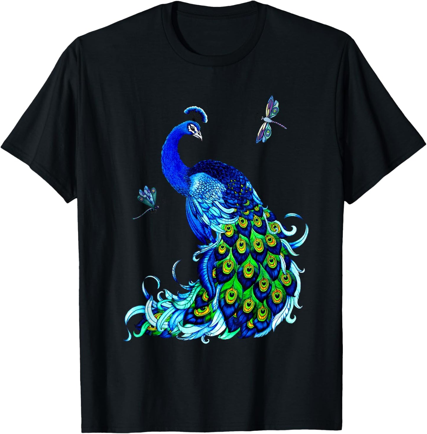 Blue Peacock and Dragonflies T-Shirt - T-Shirt | Black
