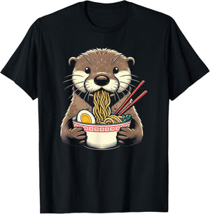 Otter Eating Ramen Japanese Noodles Soup T-Shirt - T-Shirt | Black
