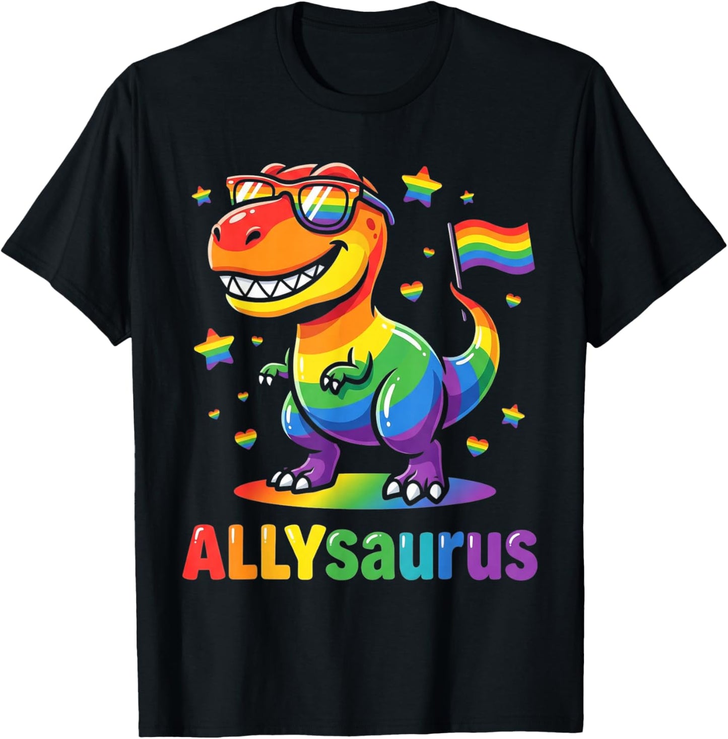 Allysaurus Dinosaur LGBTQ Ally Pride Support Rainbow Flag T-Shirt - T-Shirt | Black