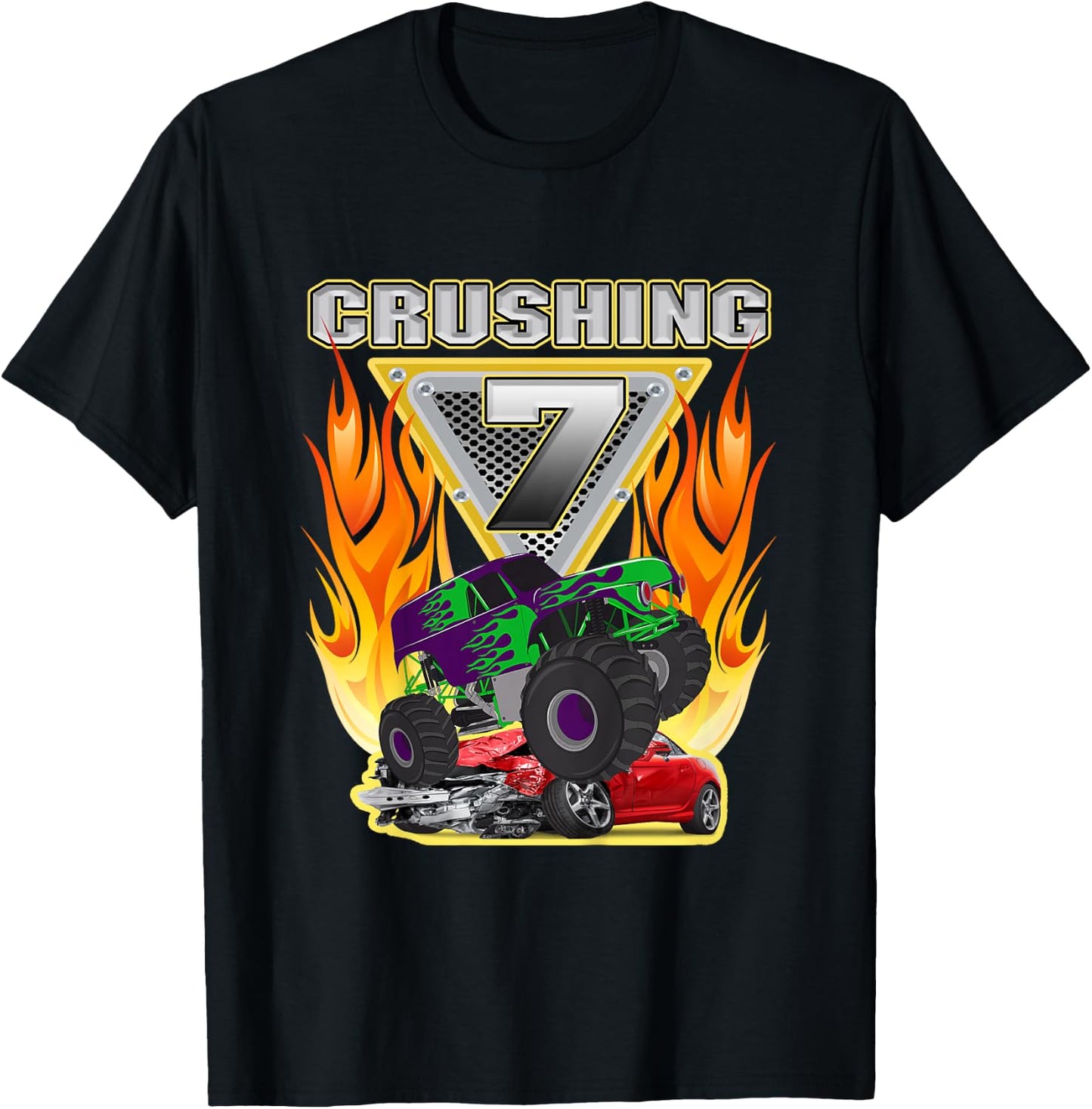 Monster Truck Crushing being Seven 7 Years Old 7th Birthday T-Shirt - T-Shirt | Black