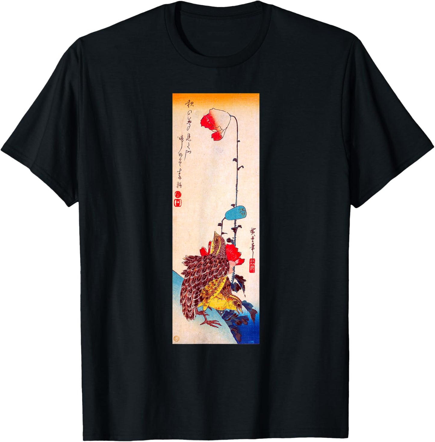 Japanese Art, Hiroshige Woodblock Art Design Quails and T-Shirt - T-Shirt | Black