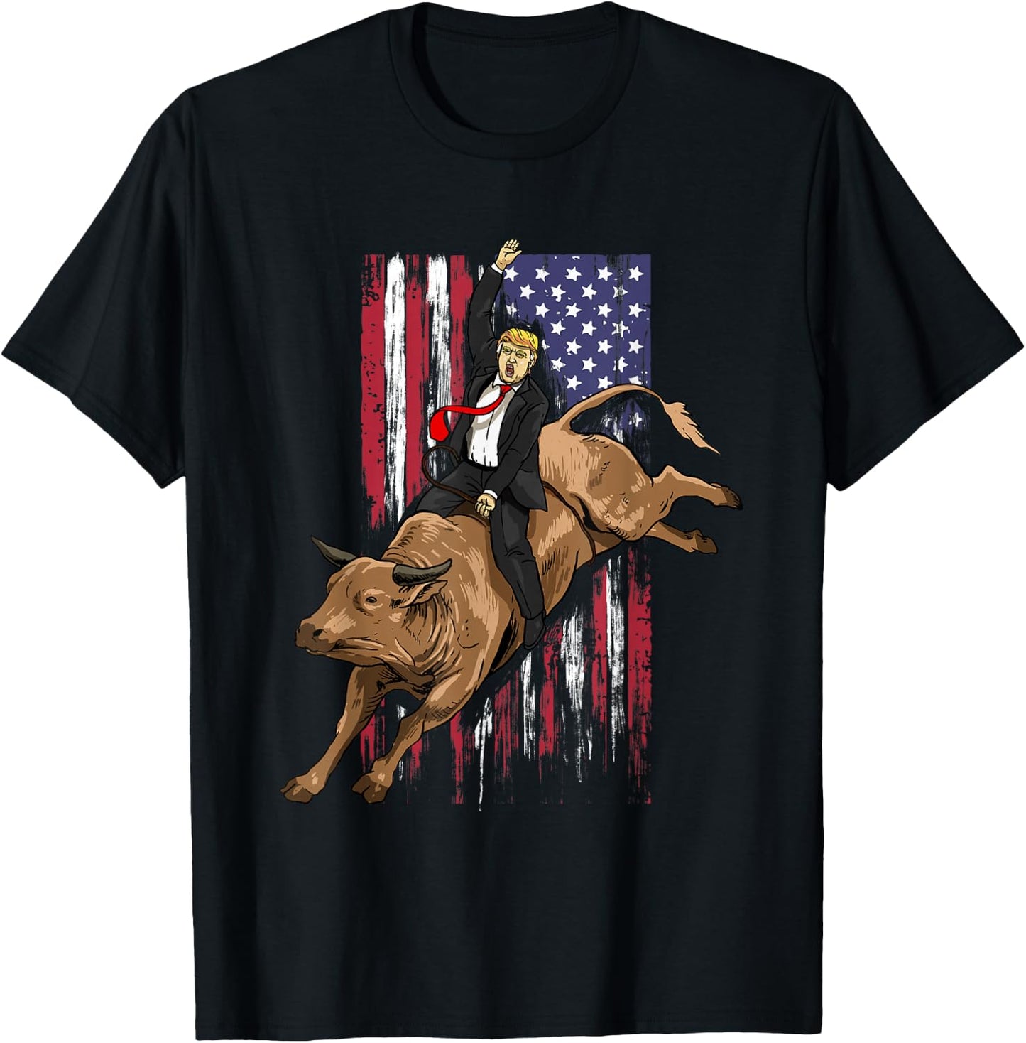 Rodeo Bull Rider Trump American Flag Cowboy Bull Riding T-Shirt - T-Shirt | Black