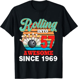 Retro Rolling Into 57 Awesome Since 1969 Bowling Birthday T-Shirt - T-Shirt | Black