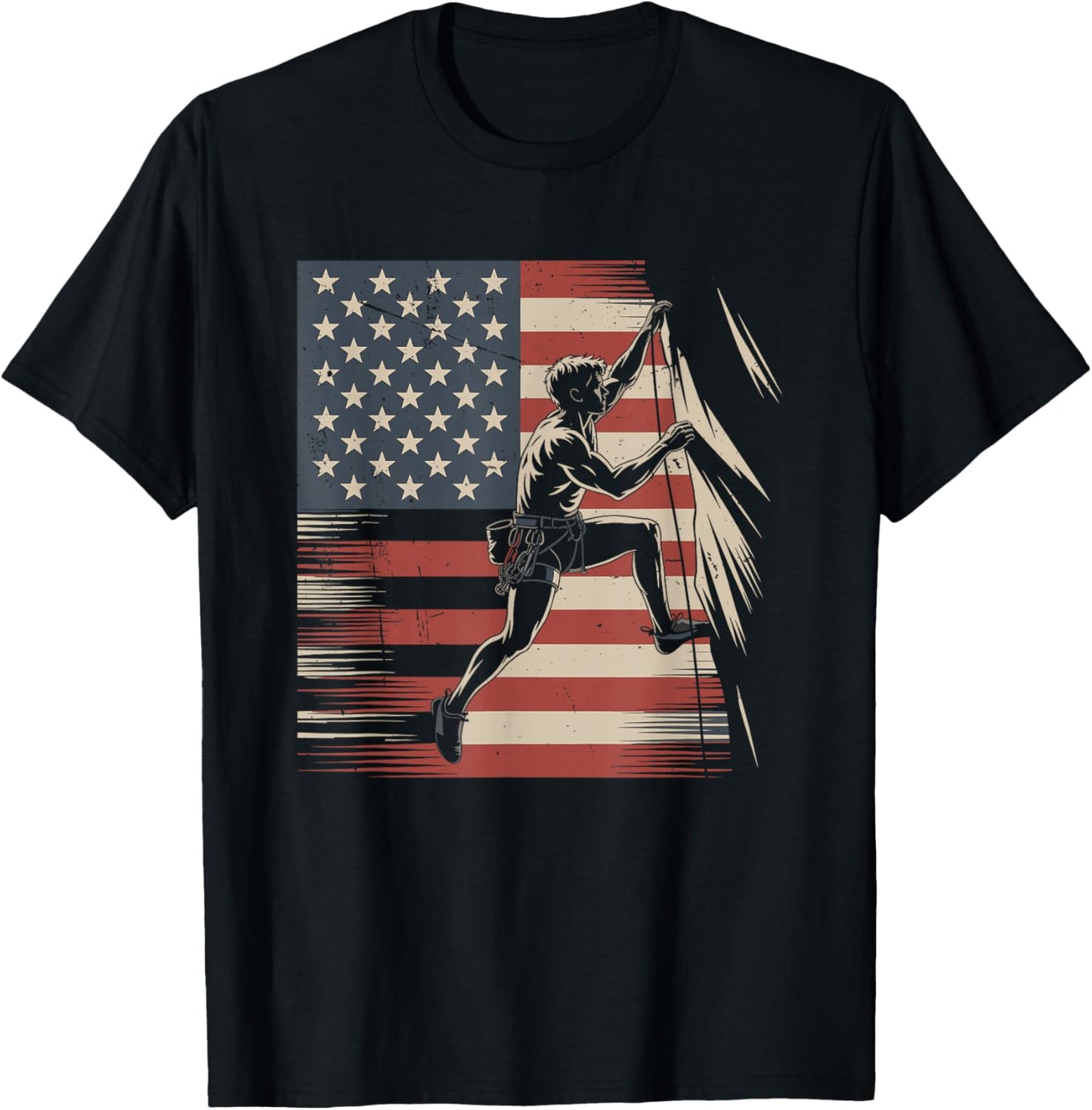 Rock Climbing USA Flag Vintage Rock Climber 4th Of July T-Shirt - T-Shirt | Black