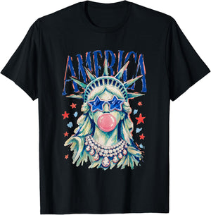 Statue of Liberty Blowing Bubble Girly America 4th of July T-Shirt - T-Shirt | Black